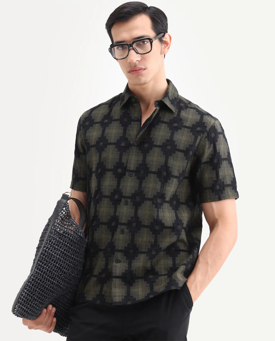 Rare Rabbit Men's Rato Dark Green Cotton Fabric Half Sleeve Spread Collar Button Regular Jacquard Shirt