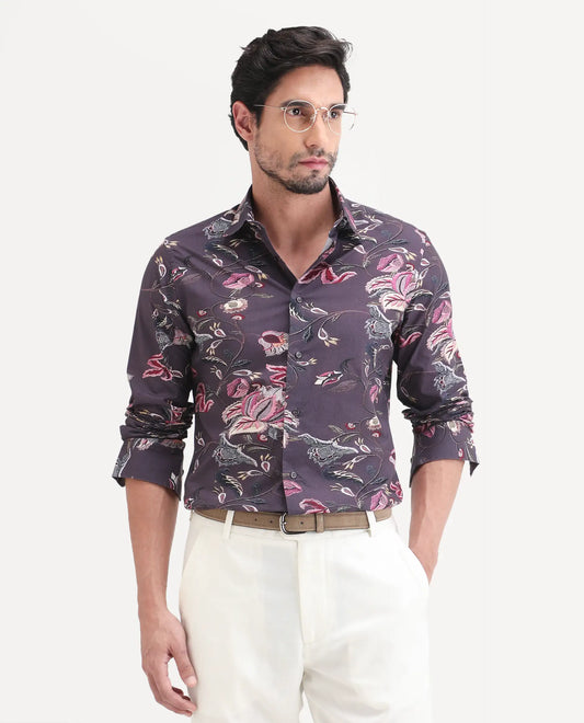 Rare Rabbit Men's Wade Dusky Purple Cotton Fabric Full Sleeve Spread Collar Button Regular Fit Floral Print Shirt