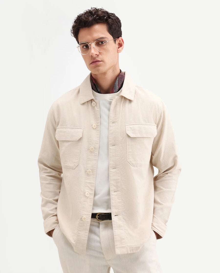 Rare Rabbit Men's Prest-Ss26 Light Beige Cotton Fabric Full Sleeve Spread Collar Button Regular Plain Shacket