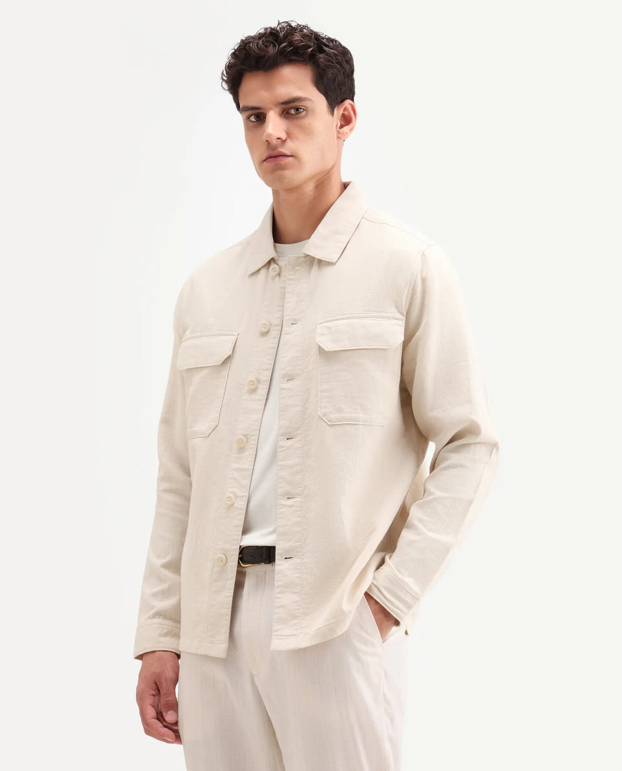 Rare Rabbit Men's Prest-Ss26 Light Beige Cotton Fabric Full Sleeve Spread Collar Button Regular Plain Shacket