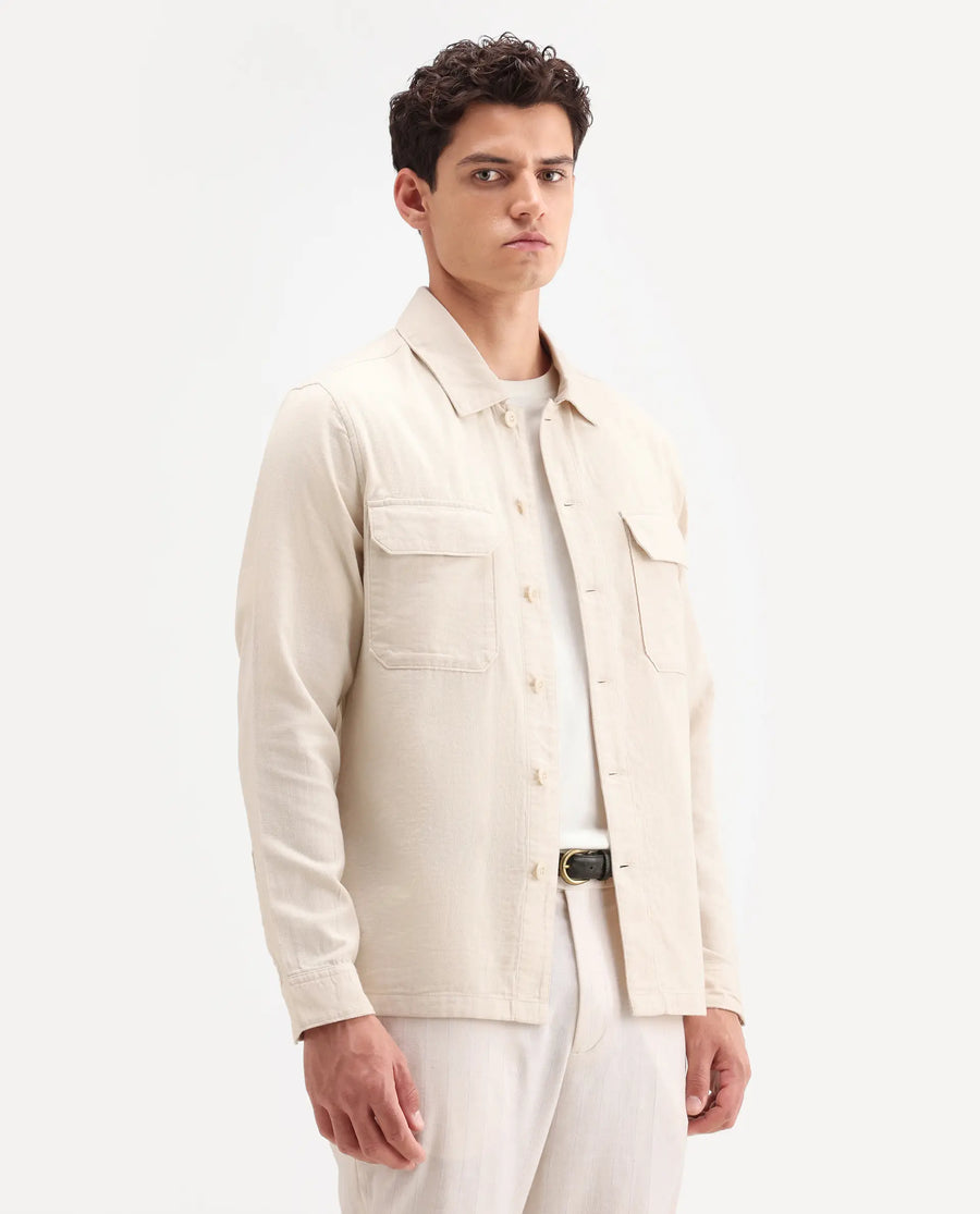 Rare Rabbit Men's Prest-Ss26 Light Beige Cotton Fabric Full Sleeve Spread Collar Button Regular Plain Shacket