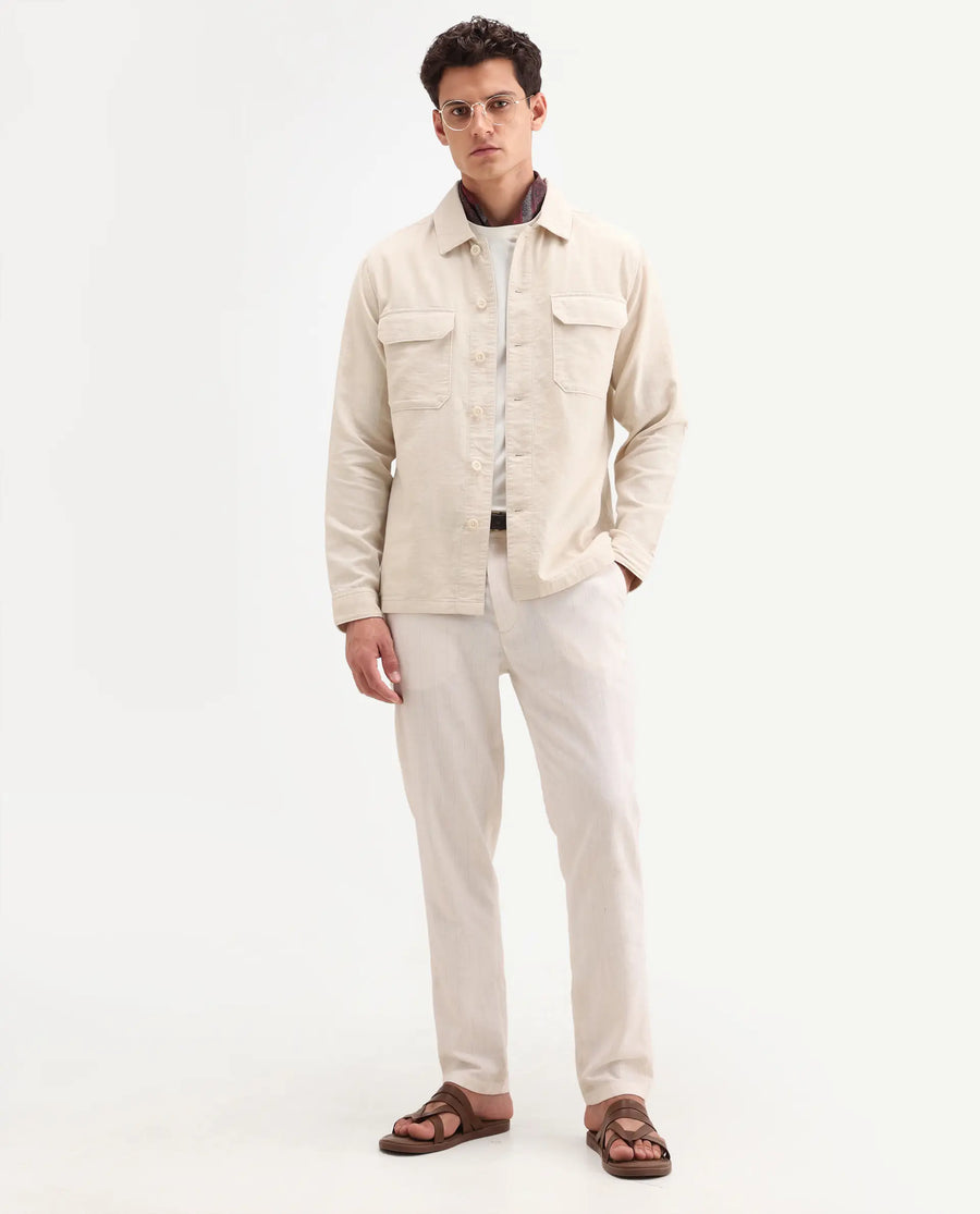 Rare Rabbit Men's Prest-Ss26 Light Beige Cotton Fabric Full Sleeve Spread Collar Button Regular Plain Shacket