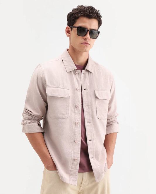 Rare Rabbit Men's Prest-Ss26 Pastel Pink Cotton Fabric Full Sleeve Spread Collar Button Regular Plain Shacket