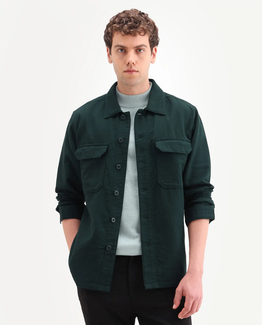 Rare Rabbit Men's Prest-Ss26 Dark Green Cotton Fabric Full Sleeve Spread Collar Button Regular Plain Shacket
