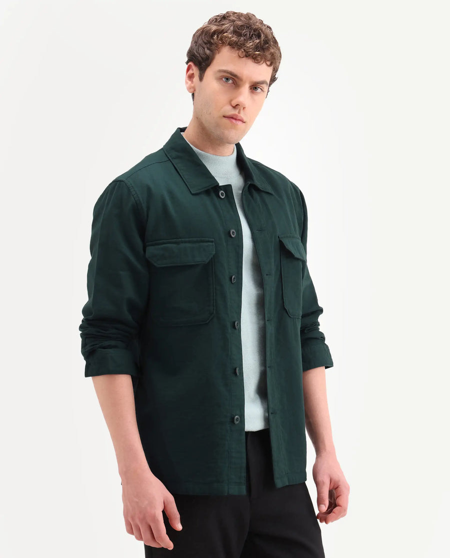 Rare Rabbit Men's Prest-Ss26 Dark Green Cotton Fabric Full Sleeve Spread Collar Button Regular Plain Shacket