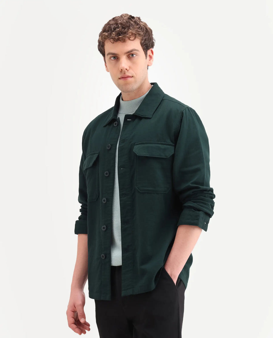 Rare Rabbit Men's Prest-Ss26 Dark Green Cotton Fabric Full Sleeve Spread Collar Button Regular Plain Shacket