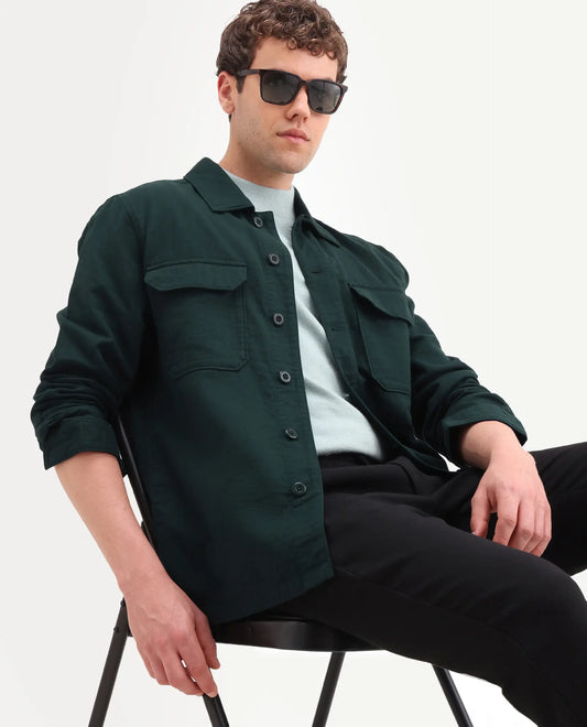 Rare Rabbit Men's Prest-Ss26 Dark Green Cotton Fabric Full Sleeve Spread Collar Button Regular Plain Shacket