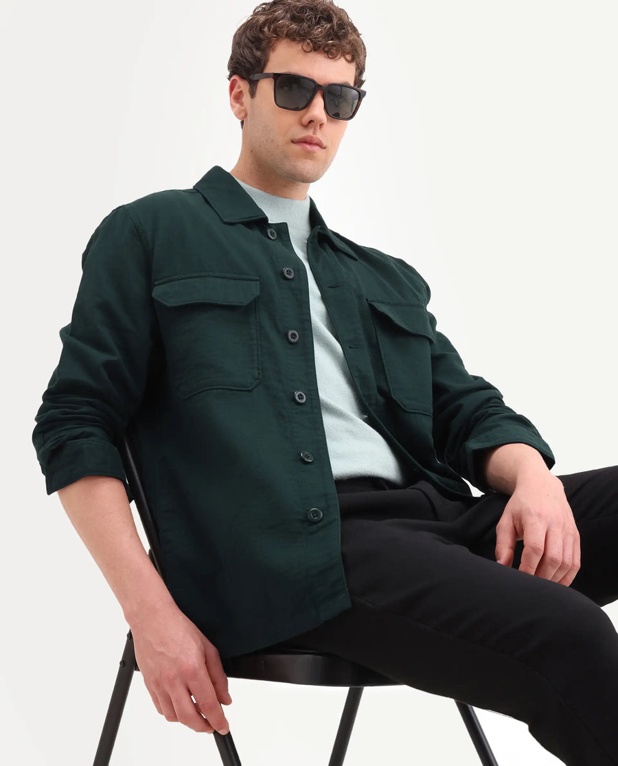 Rare Rabbit Men's Prest-Ss26 Dark Green Cotton Fabric Full Sleeve Spread Collar Button Regular Plain Shacket