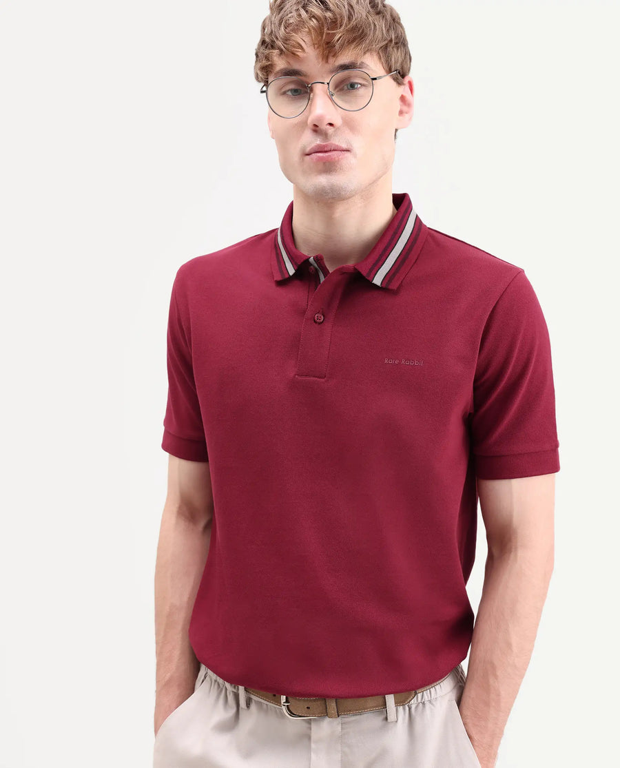 Rare Rabbit Men's Peri Red Cotton Blend Fabric Half Sleeve Spread Collar Regular Fit Plain Polo