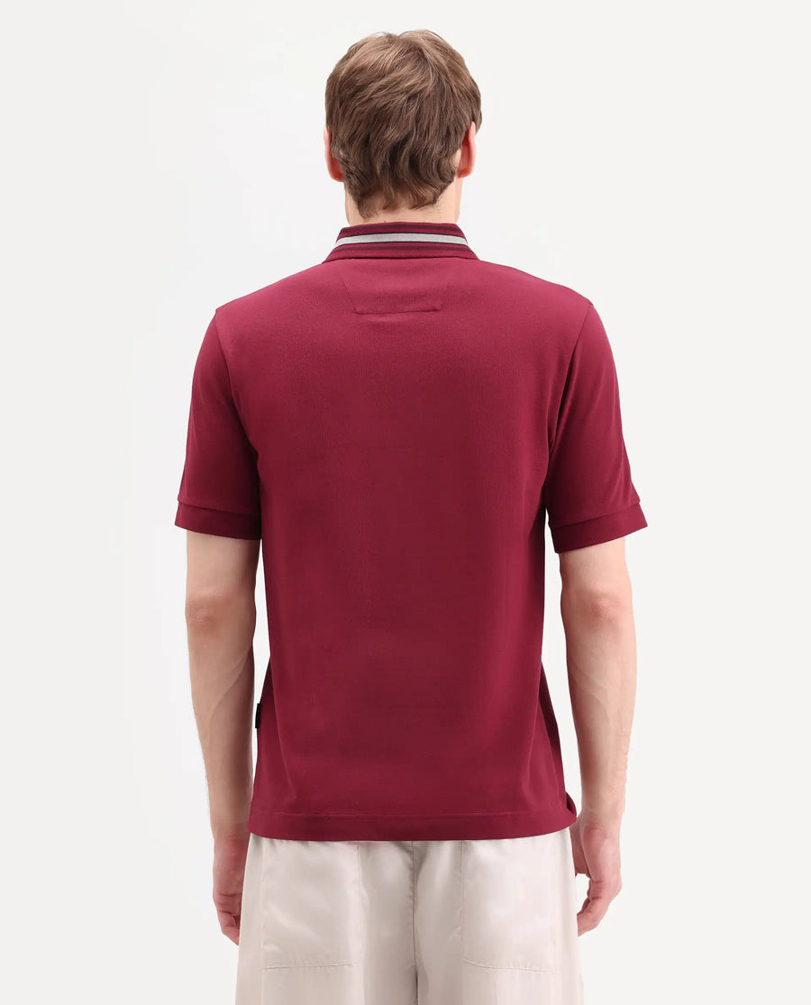 Rare Rabbit Men's Peri Red Cotton Blend Fabric Half Sleeve Spread Collar Regular Fit Plain Polo