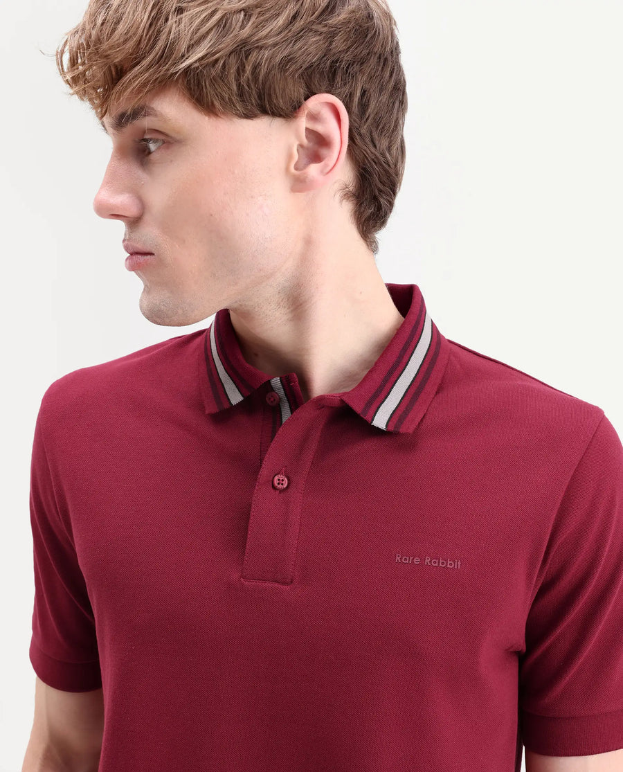 Rare Rabbit Men's Peri Red Cotton Blend Fabric Half Sleeve Spread Collar Regular Fit Plain Polo