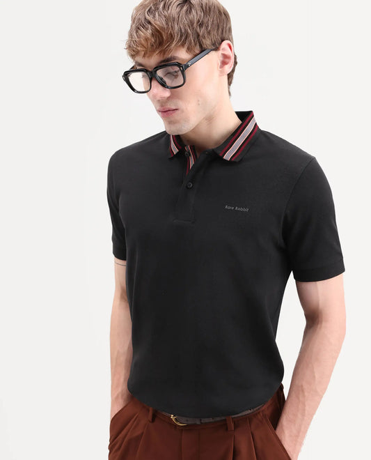 Rare Rabbit Men's Peri Black Cotton Blend Fabric Half Sleeve Spread Collar Regular Fit Plain Polo