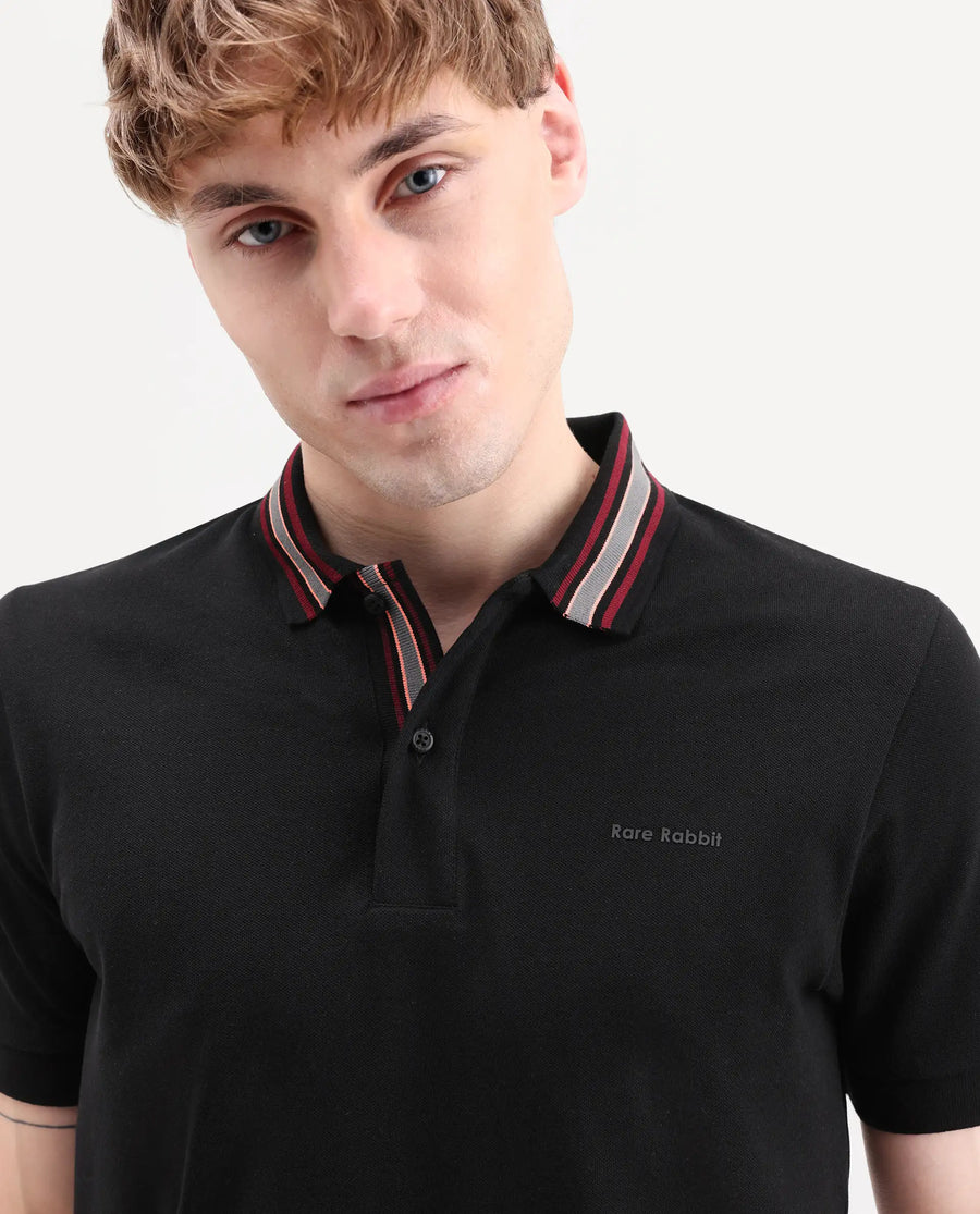 Rare Rabbit Men's Peri Black Cotton Blend Fabric Half Sleeve Spread Collar Regular Fit Plain Polo