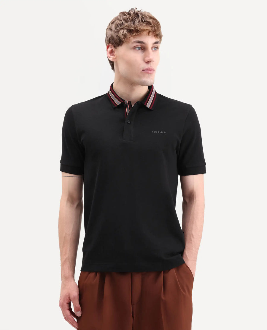 Rare Rabbit Men's Peri Black Cotton Blend Fabric Half Sleeve Spread Collar Regular Fit Plain Polo