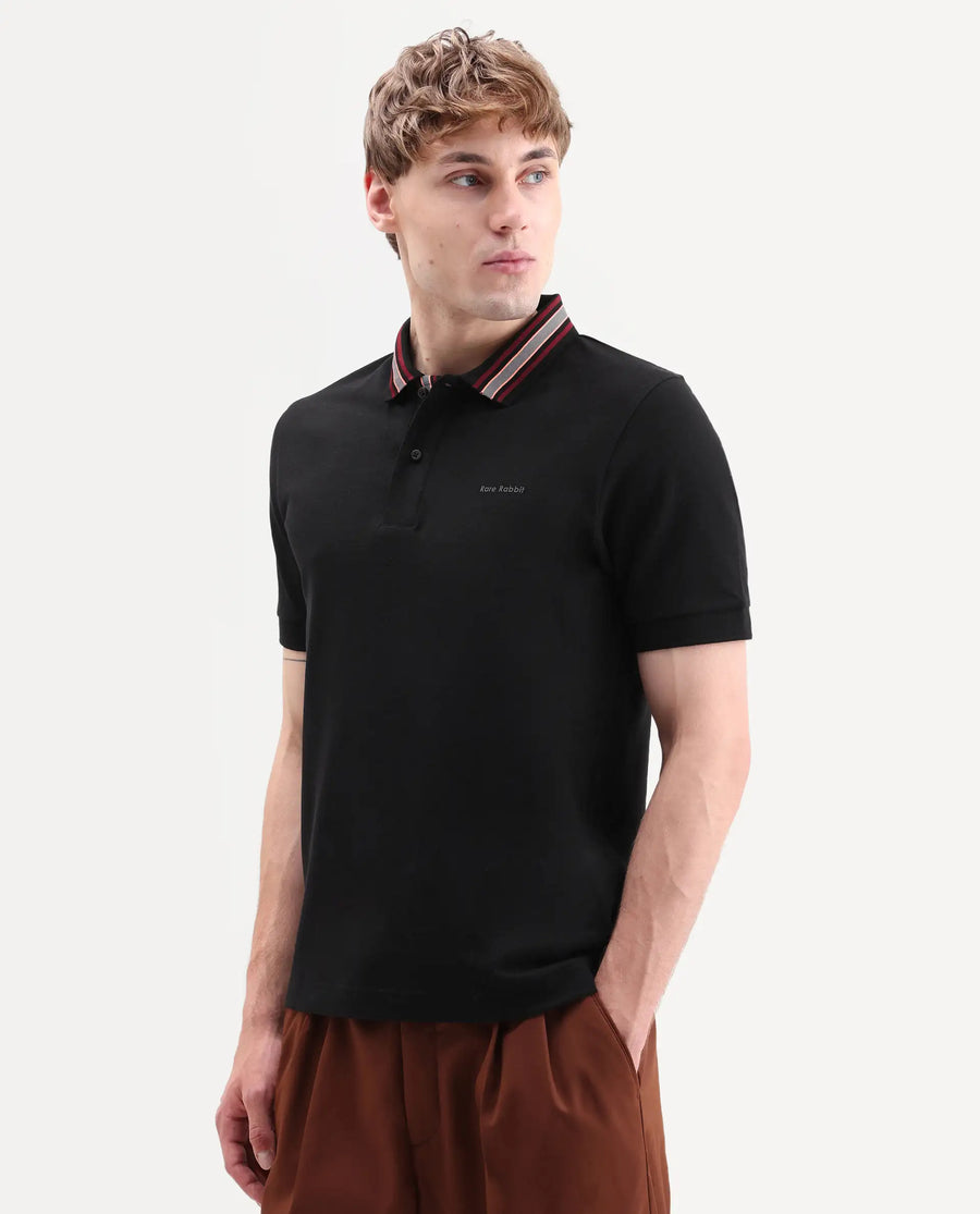 Rare Rabbit Men's Peri Black Cotton Blend Fabric Half Sleeve Spread Collar Regular Fit Plain Polo