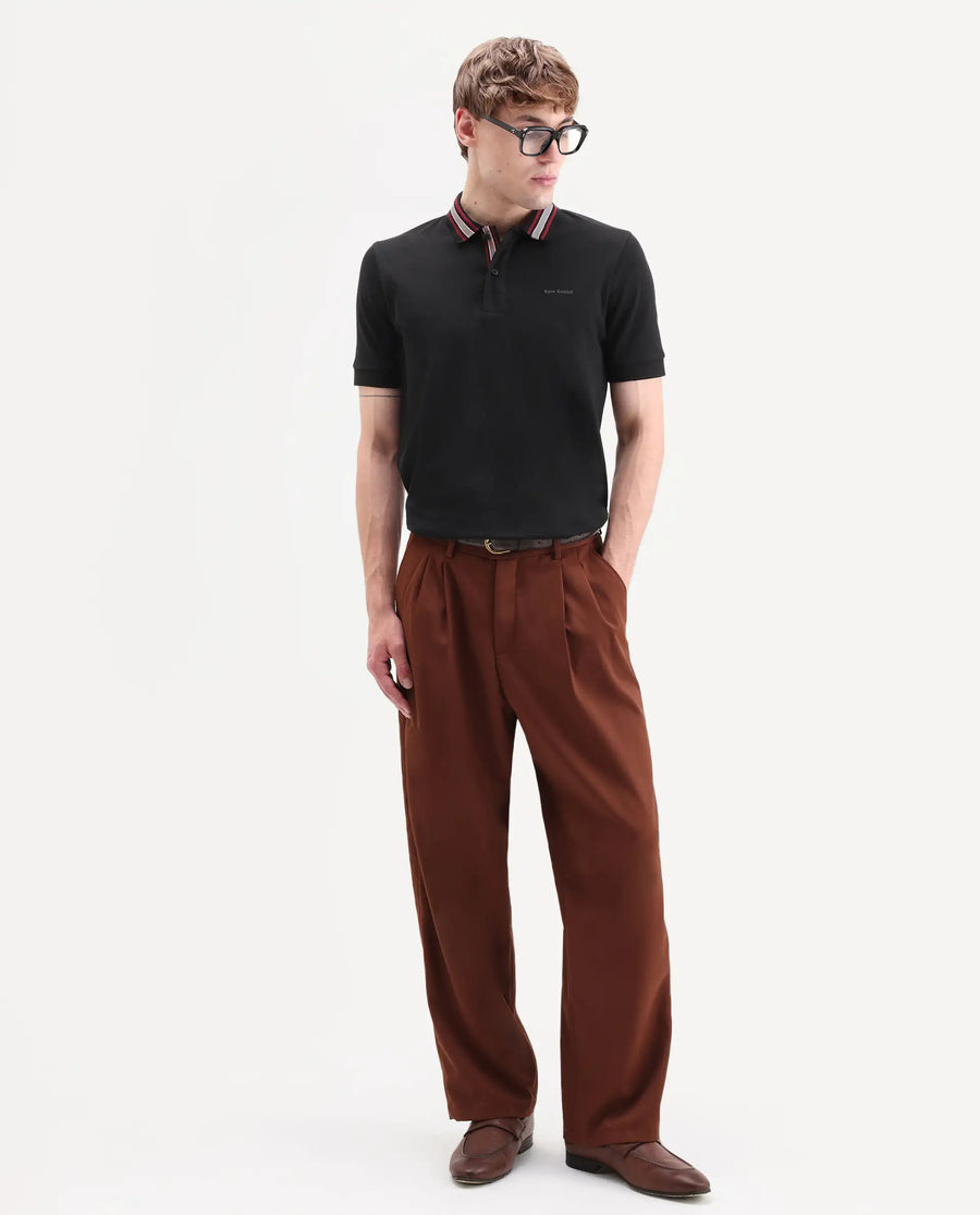 Rare Rabbit Men's Peri Black Cotton Blend Fabric Half Sleeve Spread Collar Regular Fit Plain Polo
