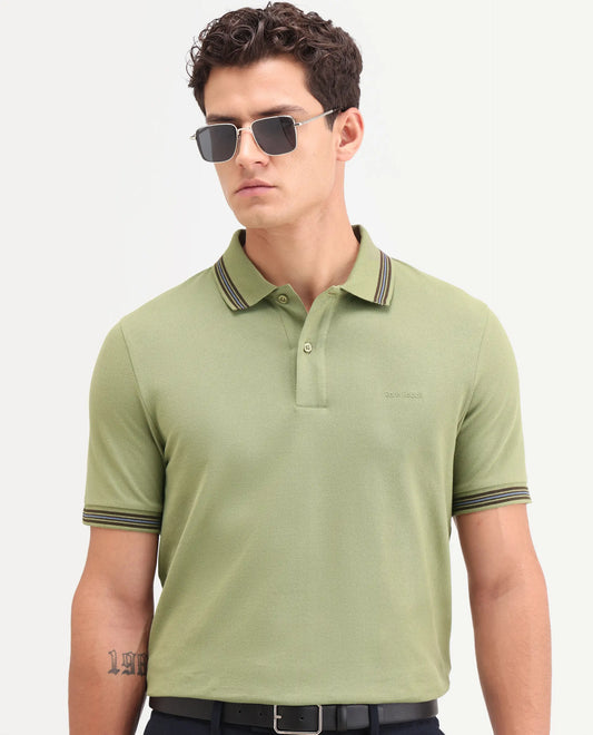 Rare Rabbit Men's Zena Sage Cotton Blend Fabric Half Sleeve Spread Collar Regular Fit Plain Polo