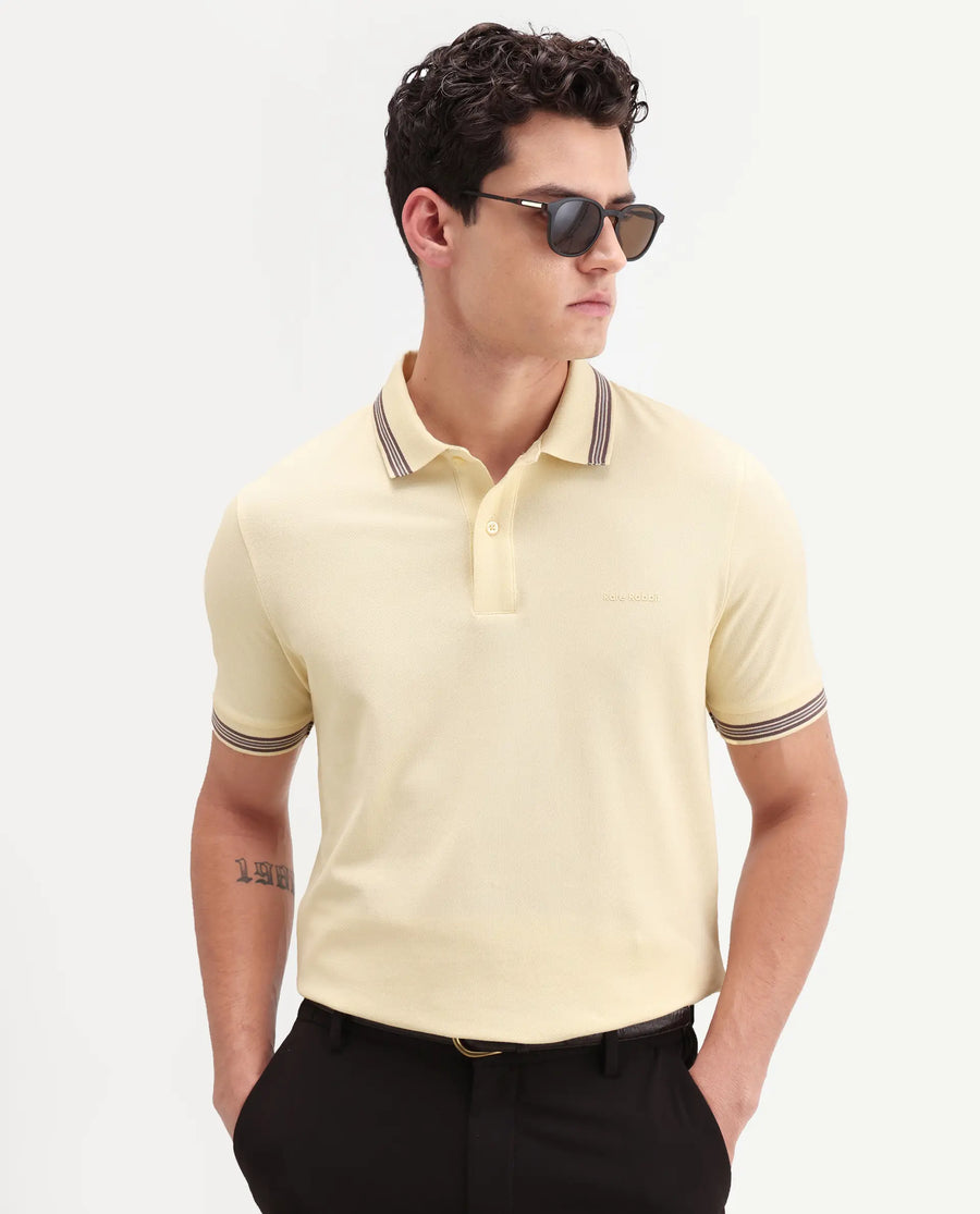 Rare Rabbit Men's Zena Light Yellow Cotton Blend Fabric Half Sleeve Spread Collar Regular Fit Plain Polo