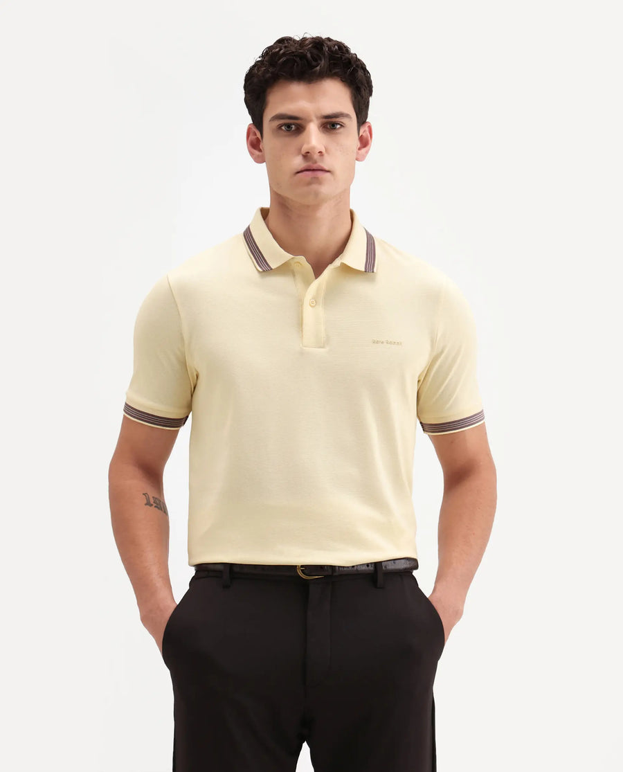 Rare Rabbit Men's Zena Light Yellow Cotton Blend Fabric Half Sleeve Spread Collar Regular Fit Plain Polo
