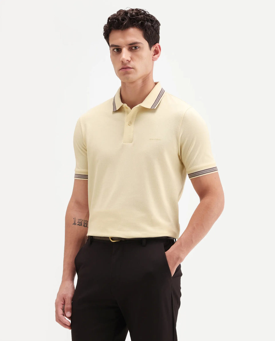 Rare Rabbit Men's Zena Light Yellow Cotton Blend Fabric Half Sleeve Spread Collar Regular Fit Plain Polo
