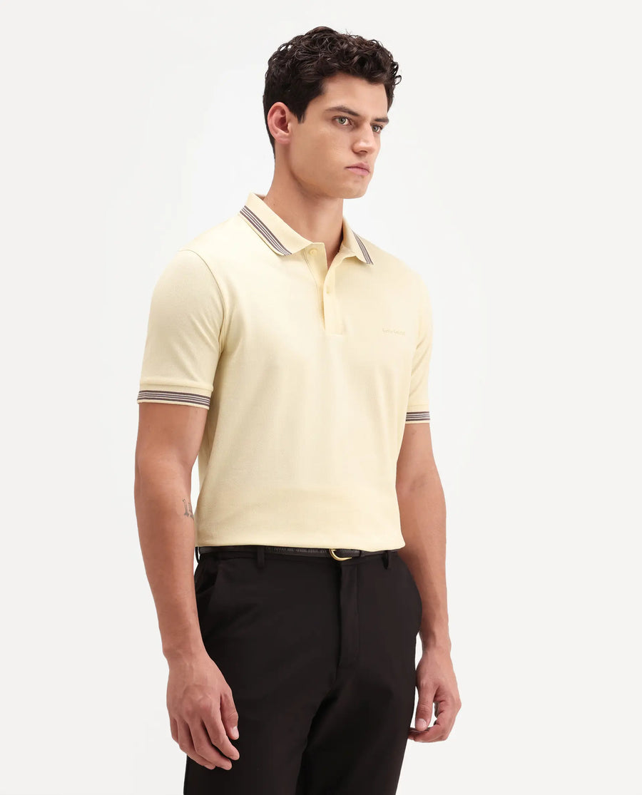 Rare Rabbit Men's Zena Light Yellow Cotton Blend Fabric Half Sleeve Spread Collar Regular Fit Plain Polo