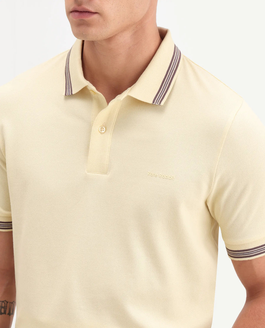 Rare Rabbit Men's Zena Light Yellow Cotton Blend Fabric Half Sleeve Spread Collar Regular Fit Plain Polo