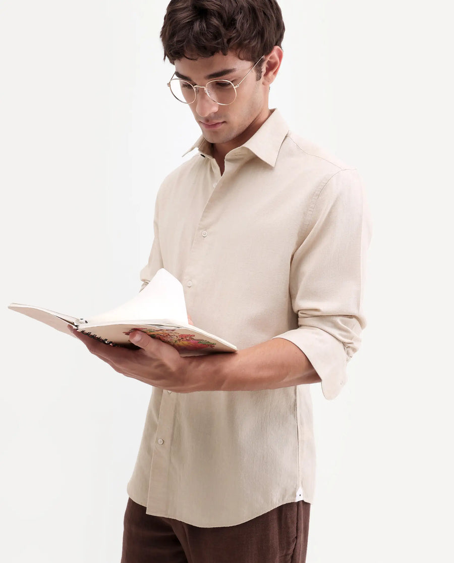 Rare Rabbit Men's Bonc Beige Linen Blend Fabric Full Sleeve Spread Collar Button Regular Plain Shirt