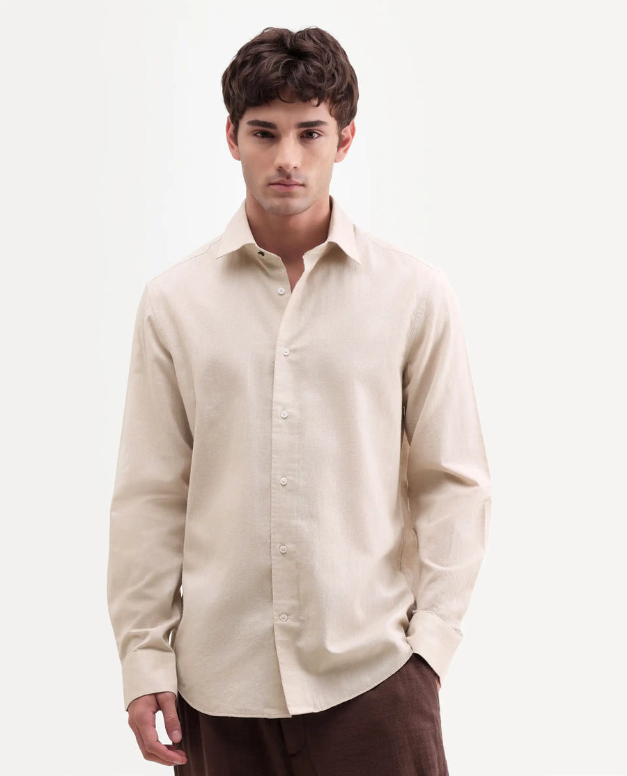 Rare Rabbit Men's Bonc Beige Linen Blend Fabric Full Sleeve Spread Collar Button Regular Plain Shirt