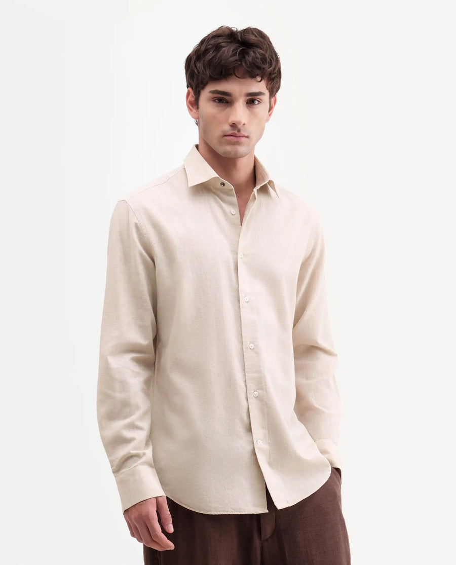 Rare Rabbit Men's Bonc Beige Linen Blend Fabric Full Sleeve Spread Collar Button Regular Plain Shirt
