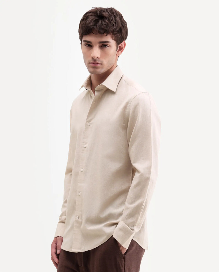 Rare Rabbit Men's Bonc Beige Linen Blend Fabric Full Sleeve Spread Collar Button Regular Plain Shirt