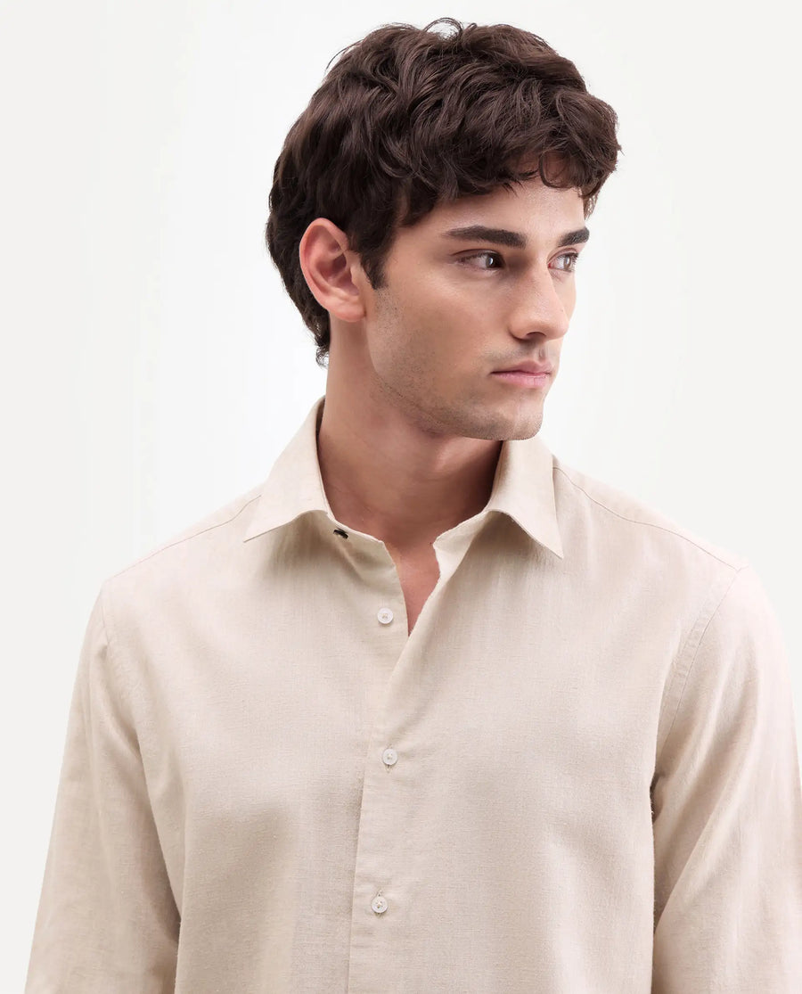 Rare Rabbit Men's Bonc Beige Linen Blend Fabric Full Sleeve Spread Collar Button Regular Plain Shirt