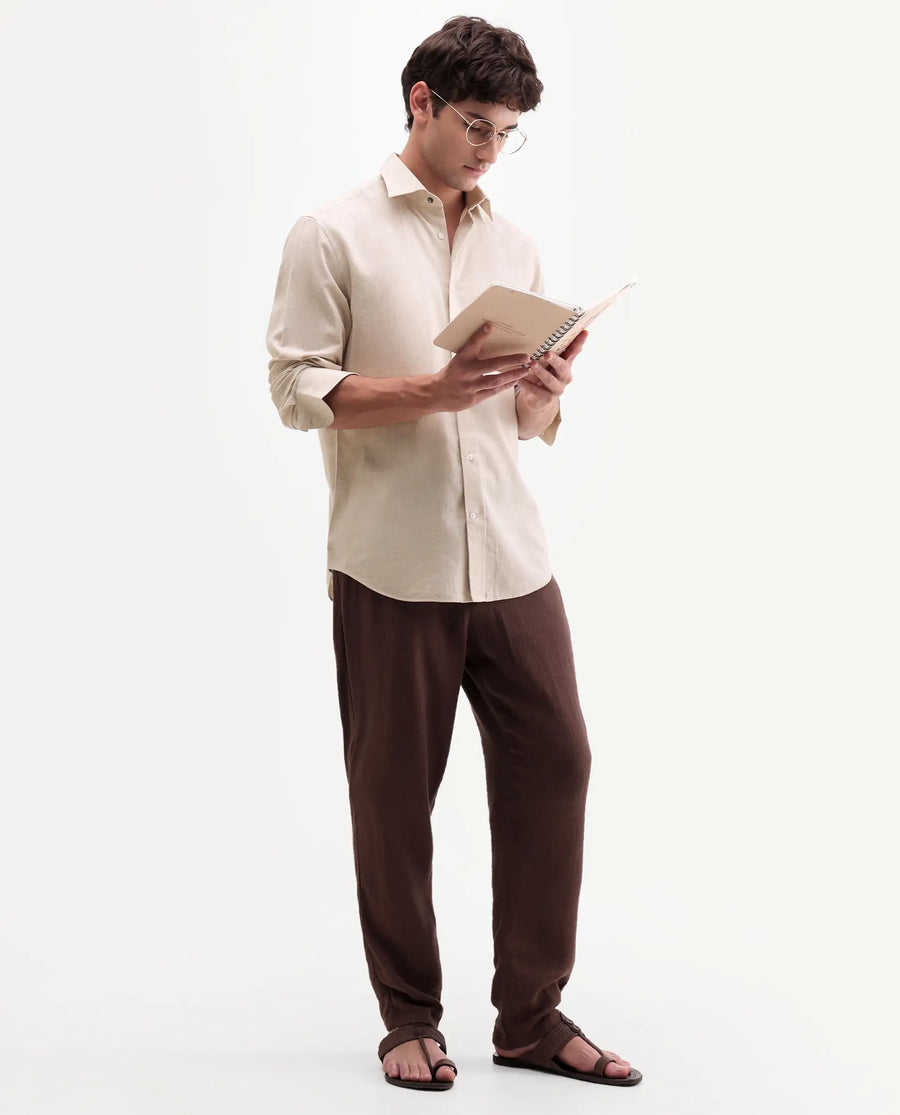 Rare Rabbit Men's Bonc Beige Linen Blend Fabric Full Sleeve Spread Collar Button Regular Plain Shirt