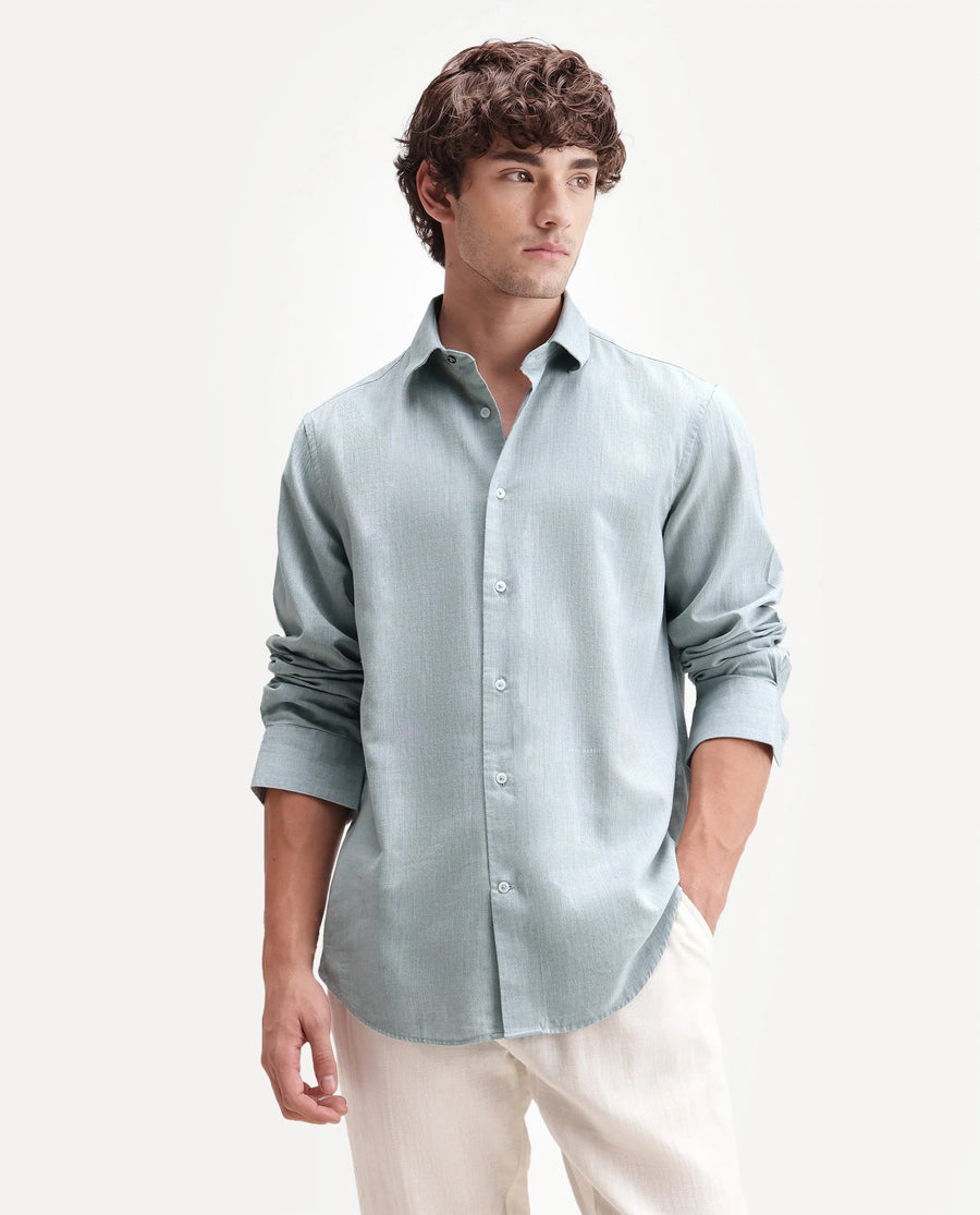 Rare Rabbit Men's Bonc Dusky Blue Linen Blend Fabric Full Sleeve Spread Collar Button Regular Plain Shirt