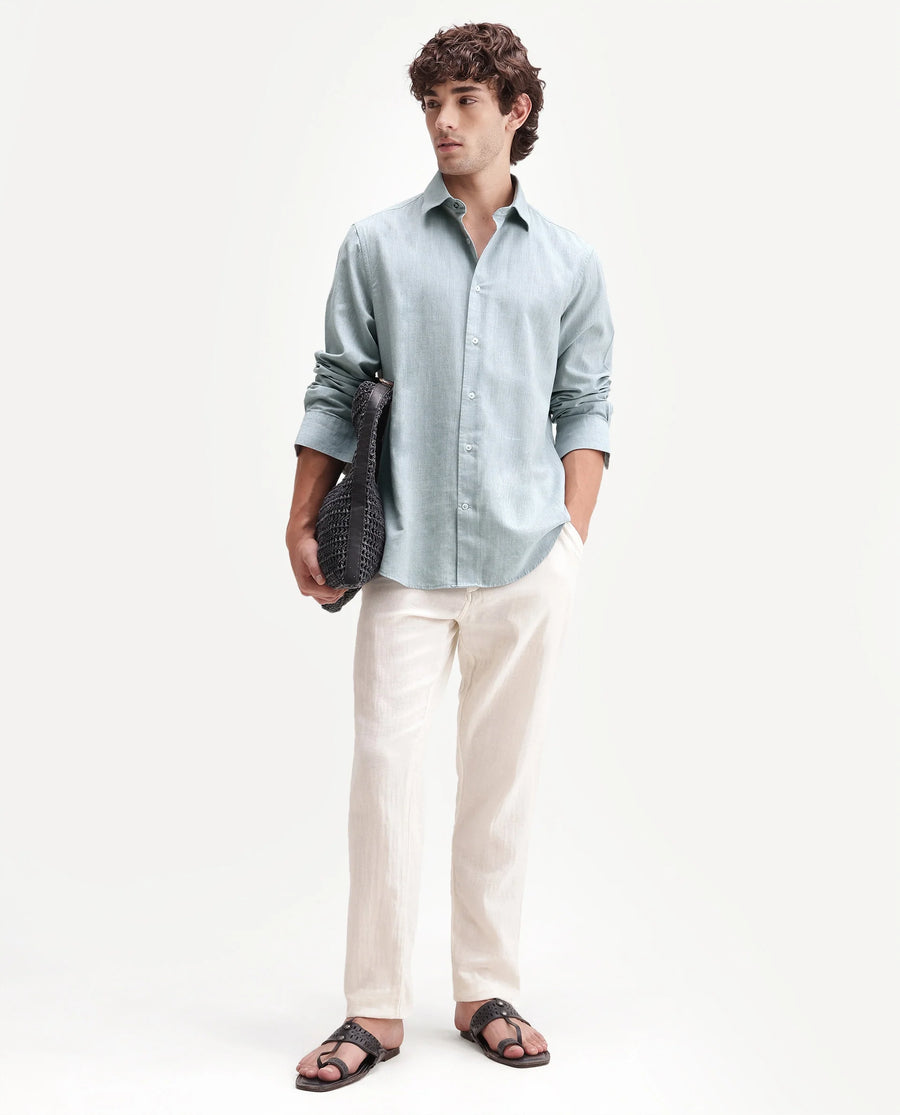 Rare Rabbit Men's Bonc Dusky Blue Linen Blend Fabric Full Sleeve Spread Collar Button Regular Plain Shirt