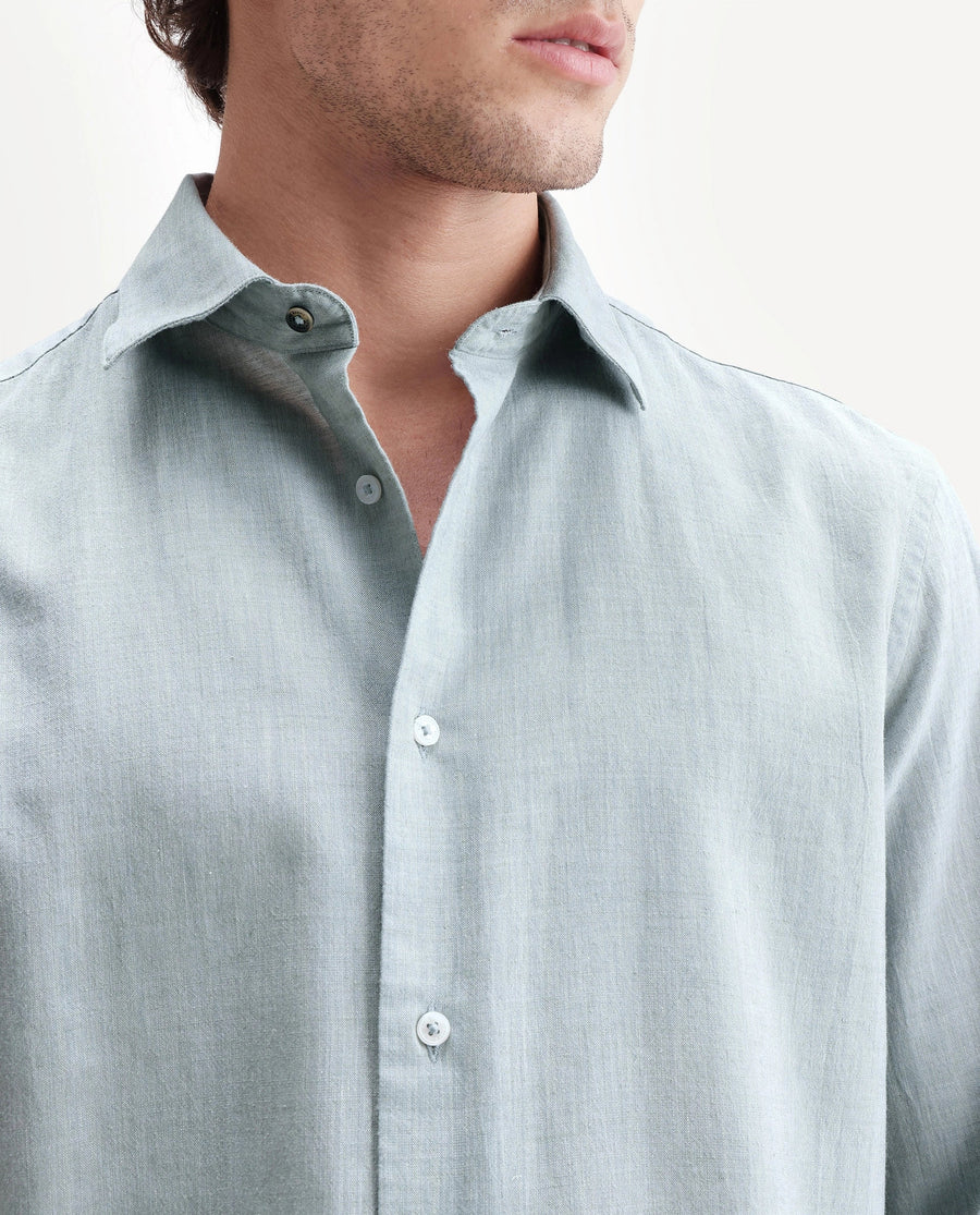 Rare Rabbit Men's Bonc Dusky Blue Linen Blend Fabric Full Sleeve Spread Collar Button Regular Plain Shirt
