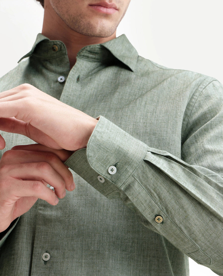 Rare Rabbit Men's Bonc Dusky Green Linen Blend Fabric Full Sleeve Spread Collar Button Regular Plain Shirt