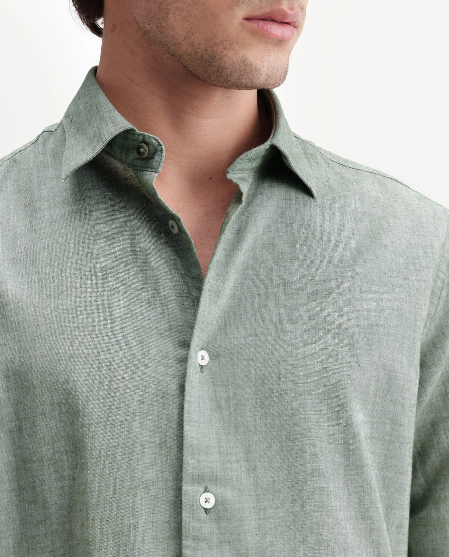 Rare Rabbit Men's Bonc Dusky Green Linen Blend Fabric Full Sleeve Spread Collar Button Regular Plain Shirt