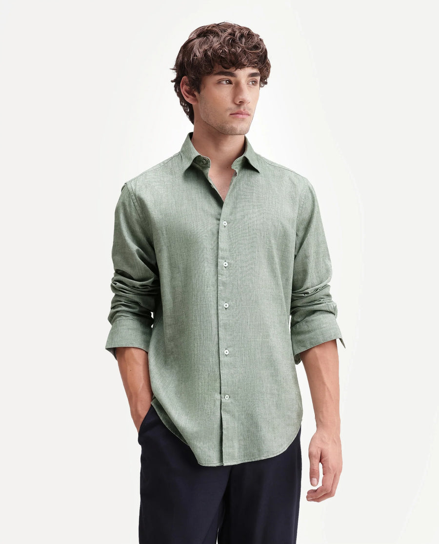 Rare Rabbit Men's Bonc Dusky Green Linen Blend Fabric Full Sleeve Spread Collar Button Regular Plain Shirt
