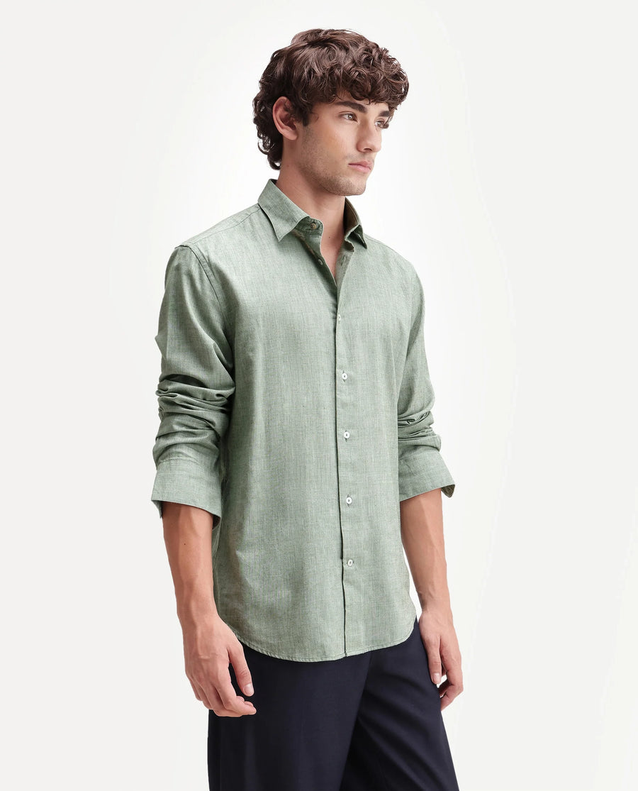 Rare Rabbit Men's Bonc Dusky Green Linen Blend Fabric Full Sleeve Spread Collar Button Regular Plain Shirt