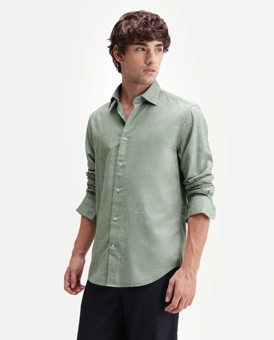Rare Rabbit Men's Bonc Dusky Green Linen Blend Fabric Full Sleeve Spread Collar Button Regular Plain Shirt
