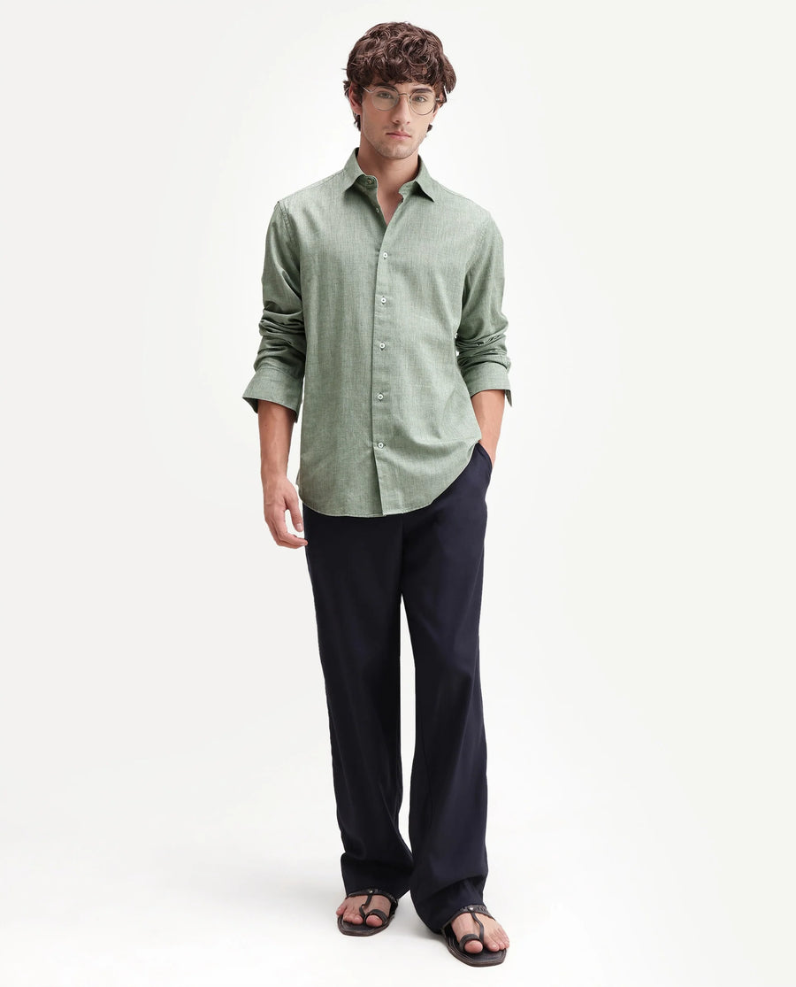 Rare Rabbit Men's Bonc Dusky Green Linen Blend Fabric Full Sleeve Spread Collar Button Regular Plain Shirt