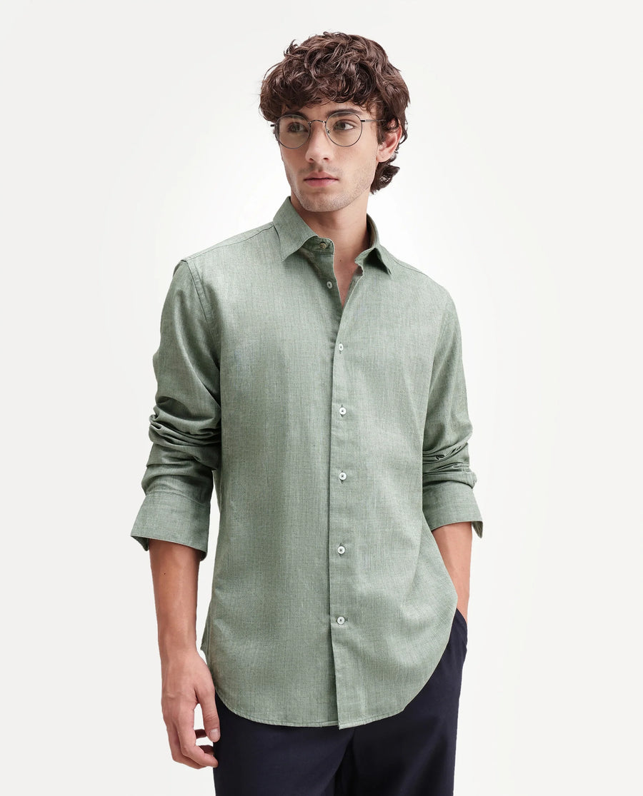 Rare Rabbit Men's Bonc Dusky Green Linen Blend Fabric Full Sleeve Spread Collar Button Regular Plain Shirt