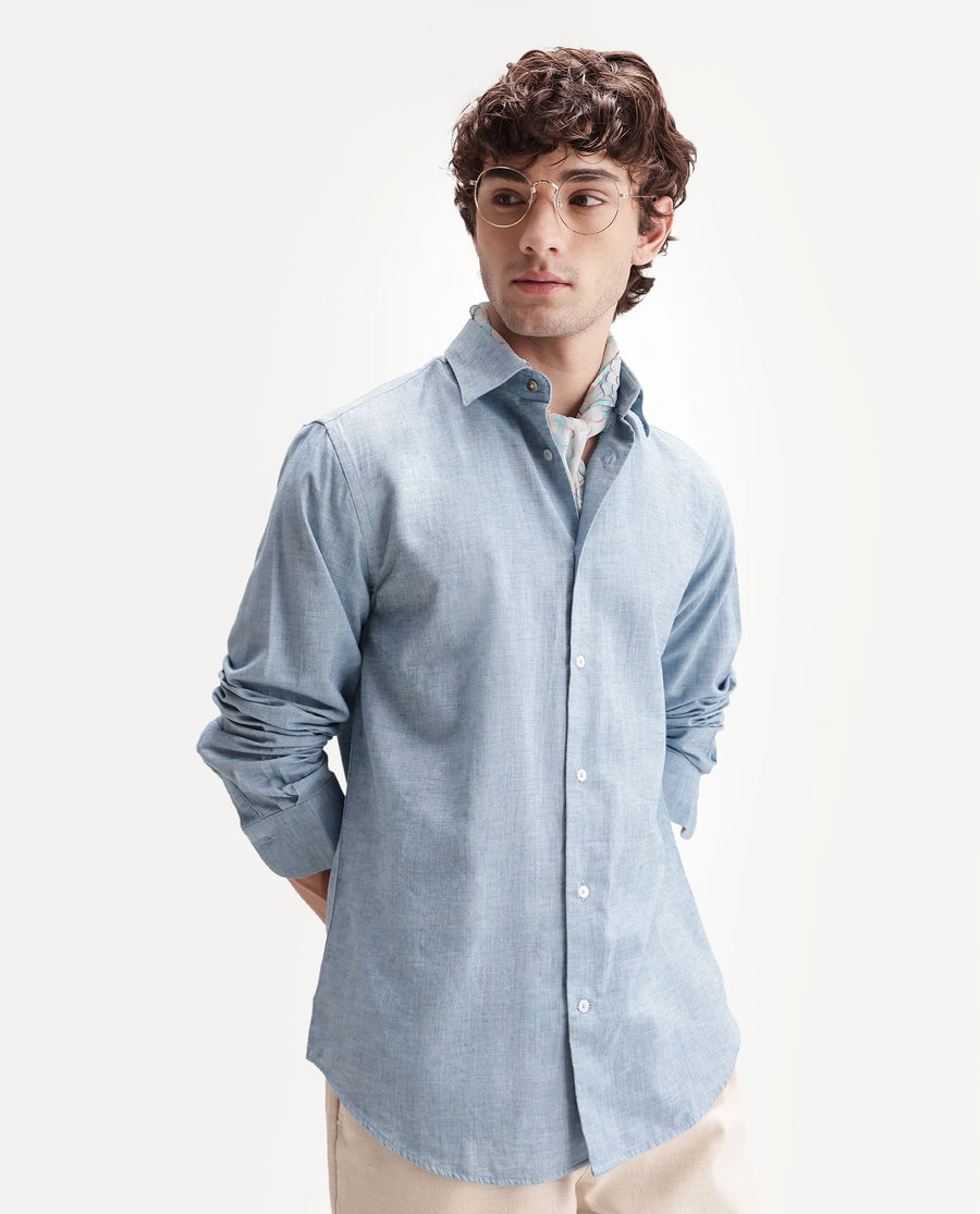 Rare Rabbit Men's Bonc Blue Linen Blend Fabric Full Sleeve Spread Collar Button Regular Plain Shirt