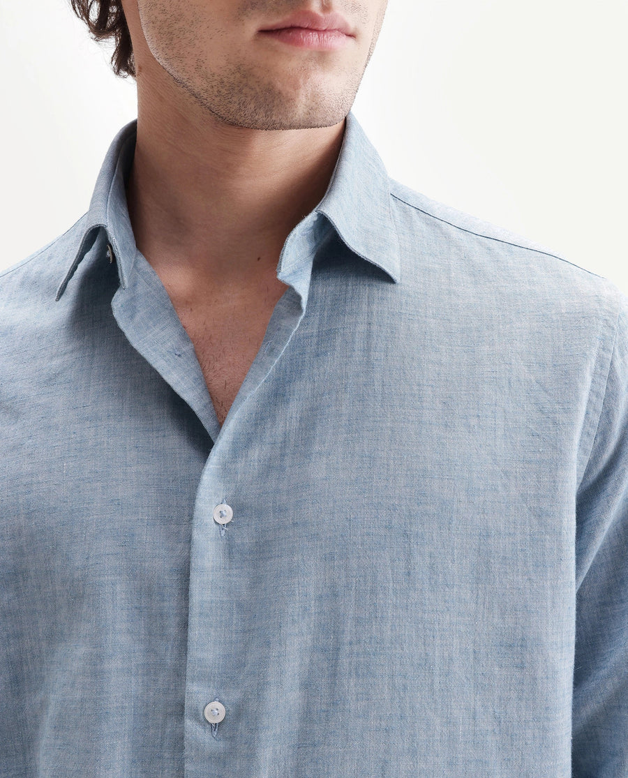 Rare Rabbit Men's Bonc Blue Linen Blend Fabric Full Sleeve Spread Collar Button Regular Plain Shirt