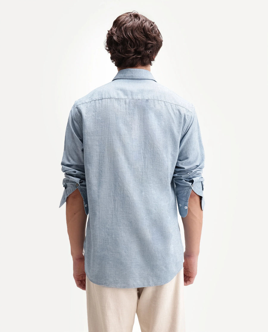Rare Rabbit Men's Bonc Blue Linen Blend Fabric Full Sleeve Spread Collar Button Regular Plain Shirt
