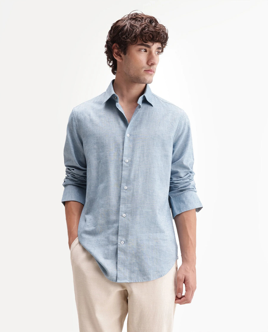 Rare Rabbit Men's Bonc Blue Linen Blend Fabric Full Sleeve Spread Collar Button Regular Plain Shirt
