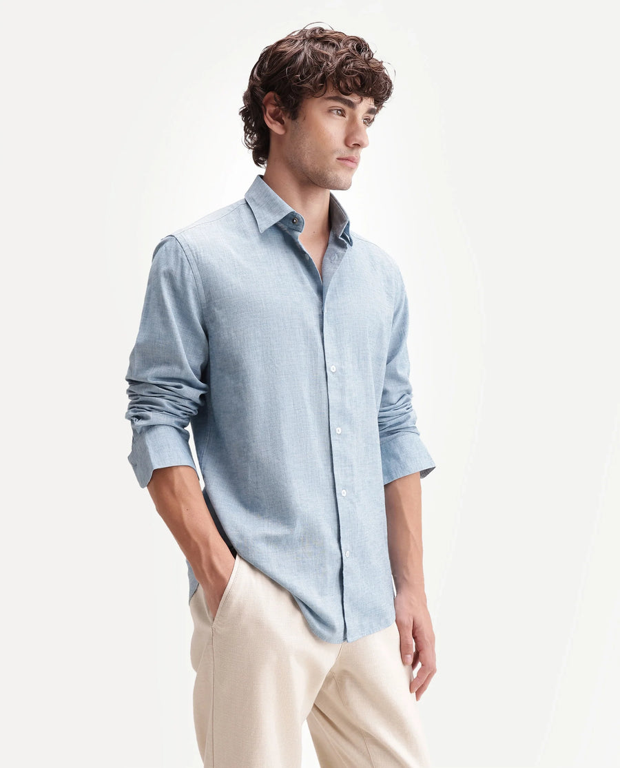 Rare Rabbit Men's Bonc Blue Linen Blend Fabric Full Sleeve Spread Collar Button Regular Plain Shirt