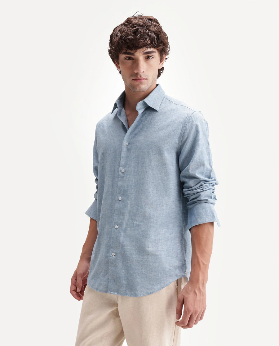Rare Rabbit Men's Bonc Blue Linen Blend Fabric Full Sleeve Spread Collar Button Regular Plain Shirt
