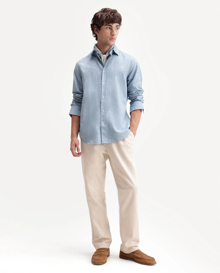 Rare Rabbit Men's Bonc Blue Linen Blend Fabric Full Sleeve Spread Collar Button Regular Plain Shirt