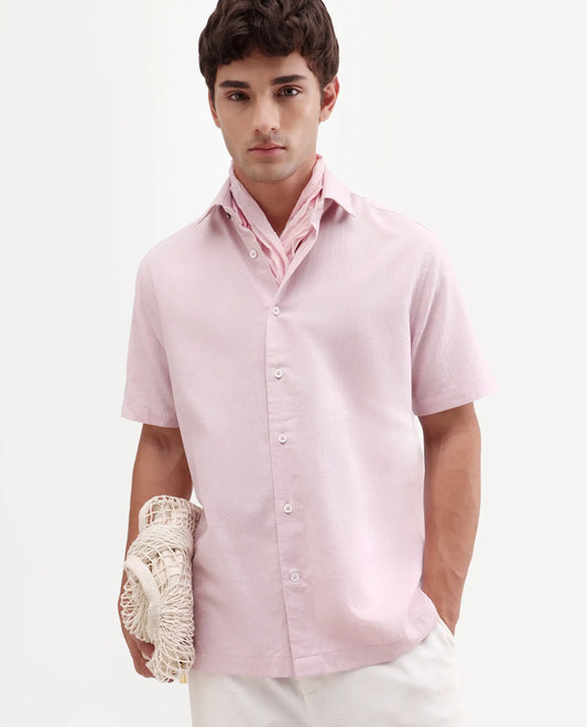 Rare Rabbit Men's Bonc-Ss Pink Linen Blend Fabric Half Sleeve Spread Collar Button Regular Plain Shirt